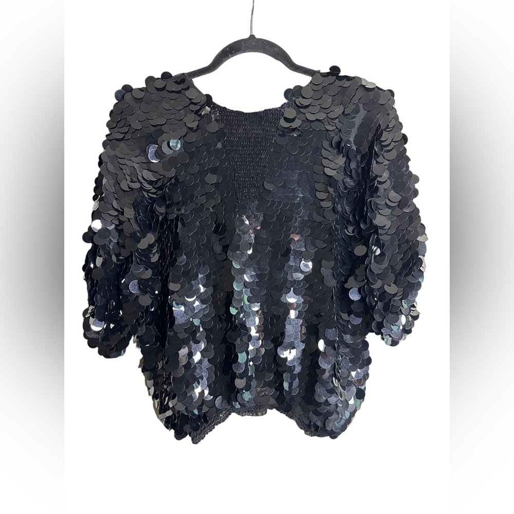 ARGENTI Black Sequin Deep V Back 100% Silk Vintage Blouse Size Small